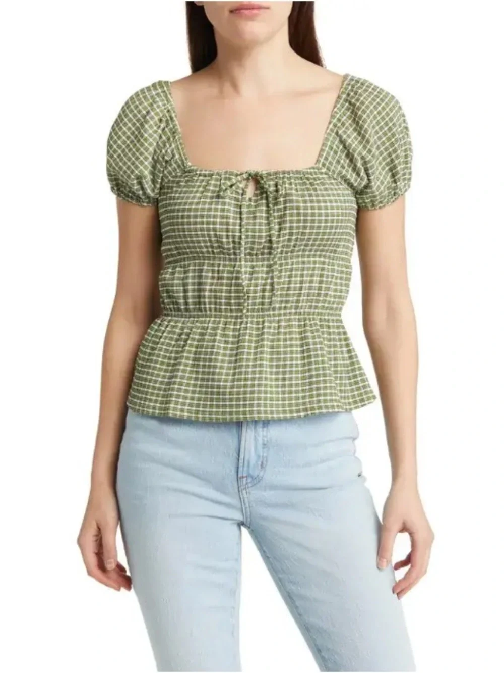 MADEWELL Green Gingham Tiered Peplum Top